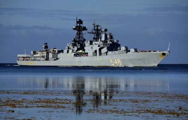 Large anti-submarine ship Admiral Panteleev on the water