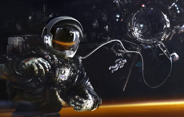 Астронавт и космический корабль над поверхностью Марса