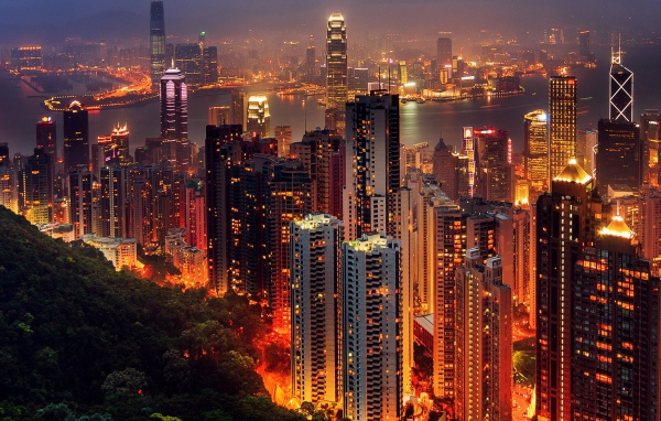 Вид на ночной Гонконг, Китай 