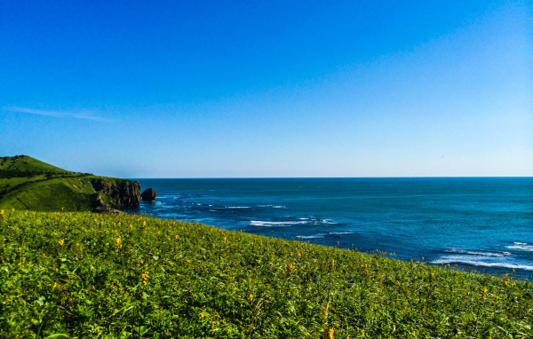Вид на море хребет Жданко, Сахалин. Россия 