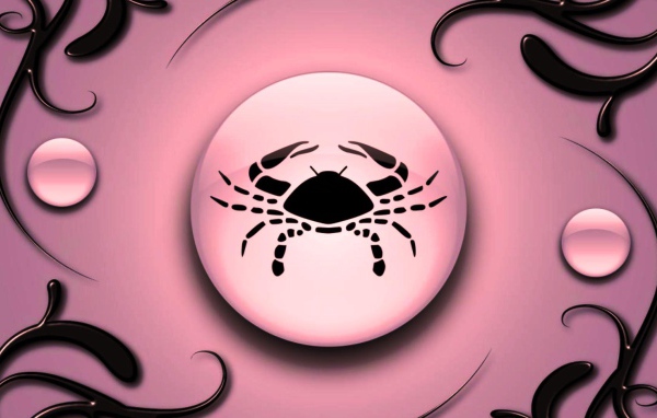 Знак зодиака Рак на  розовом фоне с чёрным орнаментом 