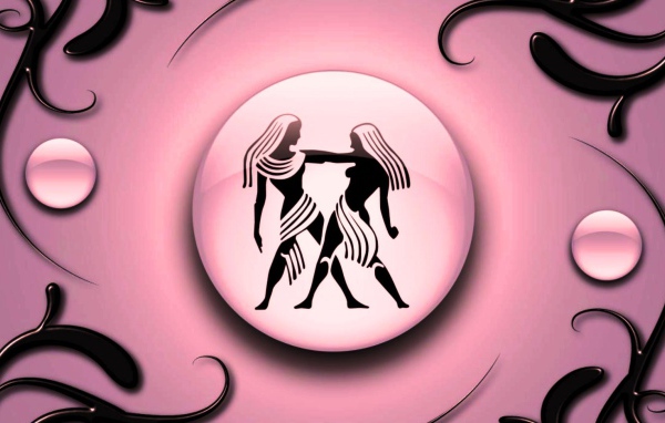Знак зодиака Близнецы на  розовом фоне с чёрным орнаментом  