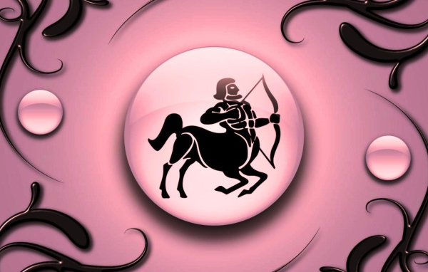 Знак зодиака Стрелец на  розовом фоне с чёрным орнаментом 