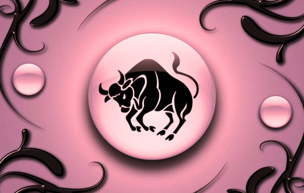 Знак зодиака Телец  на  розовом фоне с чёрным орнаментом 