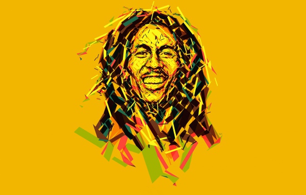 Графический рисунок Боба Марли на желтом фоне