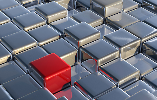 Красный куб среди серебристых, 3д графика