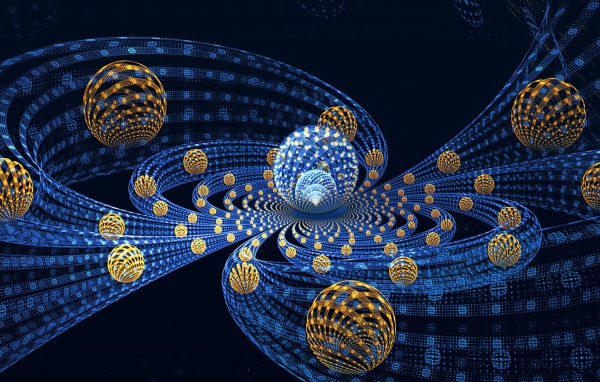 Сферы с волнами на синем фоне, 3д графика 