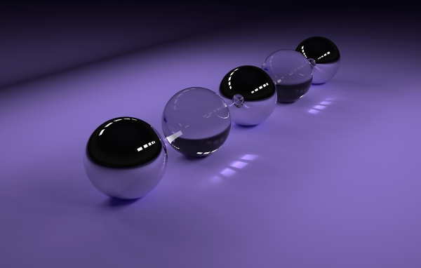 Прозрачные стеклянные шары на фиолетовом фоне, 3д графика