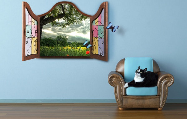 Черно белый кот лежит на кресле у окна