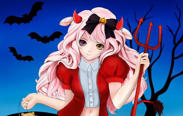 Anime girl in a Halloween costume with a pitchfork