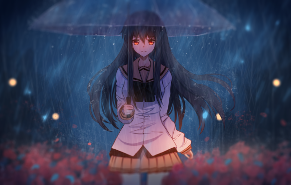Девушка аниме под зонтом под дождем