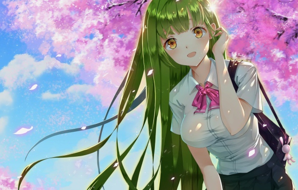 Девушка аниме с зелеными волосами и карими глазами