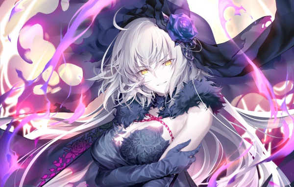 Девушка аниме с желтыми глазами в черной фате