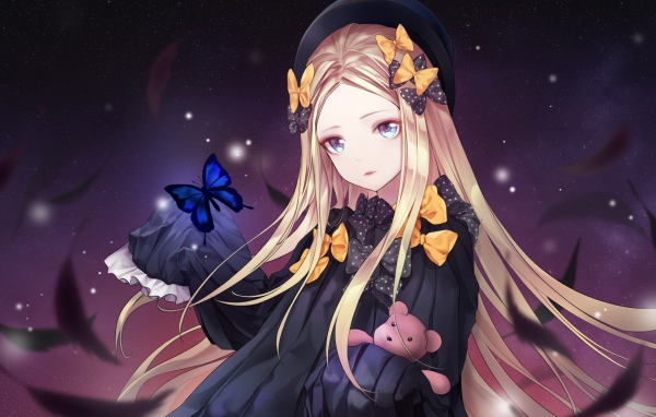 Красивая девушка аниме с бантиками в длинных волосах 