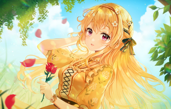 Красивая рыжеволосая девушка аниме с розой в руке