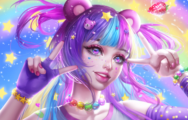 Яркая девушка аниме с фиолетовыми волосами