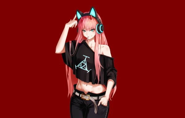 Девушка с розовыми волосами в наушниках аниме Zero Two