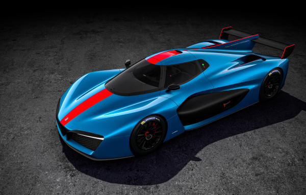 Голубой гоночный автомобиль Pininfarina H2 Speed Front 2018