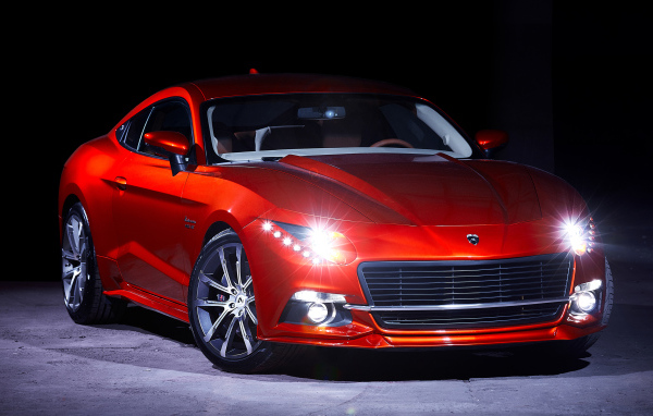 Красный автомобиль Warszawa M20 GT 2018 года с включенными фарами