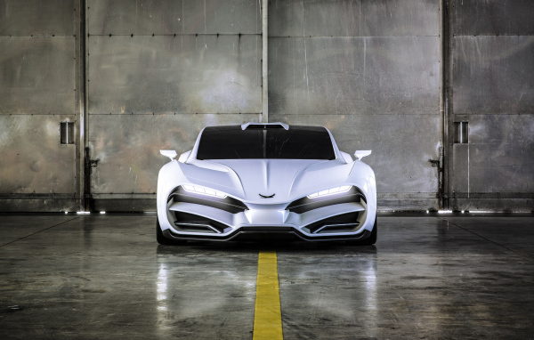 Белый автомобиль Milan Red Hypercar, 2018 вид спереди