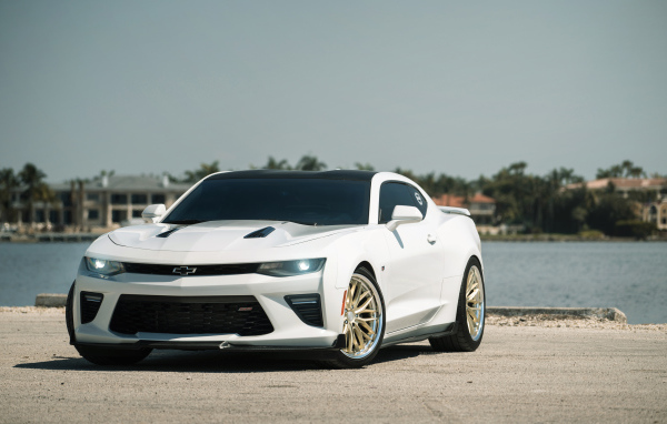 Белый автомобиль  Chevrolet Camaro у воды