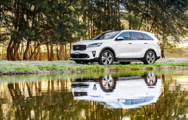 Белый внедорожник Kia Sorento у воды