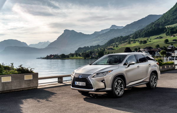 Серебристый автомобиль  Lexus RX на фоне воды