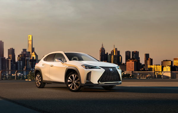 Белый внедорожник Lexus UX, 2019 на фоне города