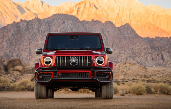 Red Mercedes-AMG G 63, 2019 amid the mountains