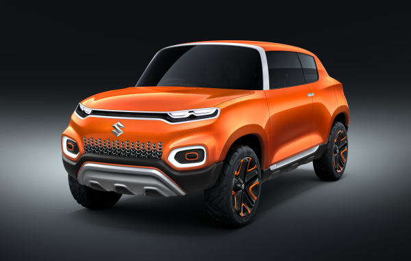 Orange car Suzuki Concept Future S, 2018 on a gray background