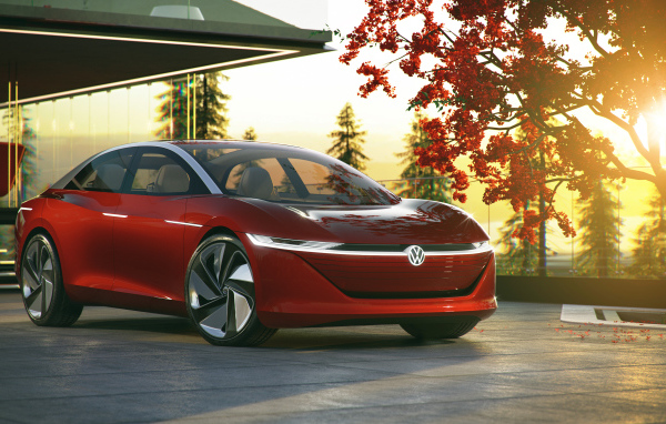 Красный автомобиль Volkswagen Id Vizzion 2018 в лучах солнца