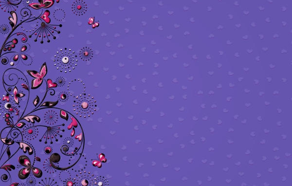 Patterns with butterflies and hearts on a violet background