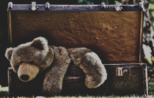 Большой плюшевый медведь в старом чемодане