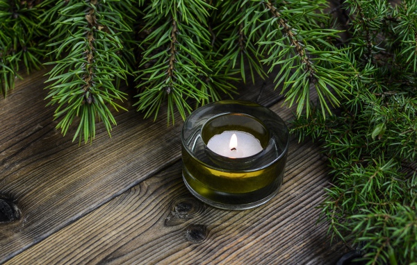 Зажженная свеча на столе с зеленой веткой ели