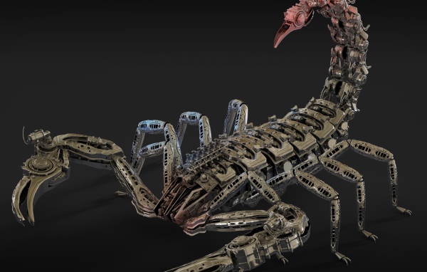 Металлический робот скорпион на сером фоне