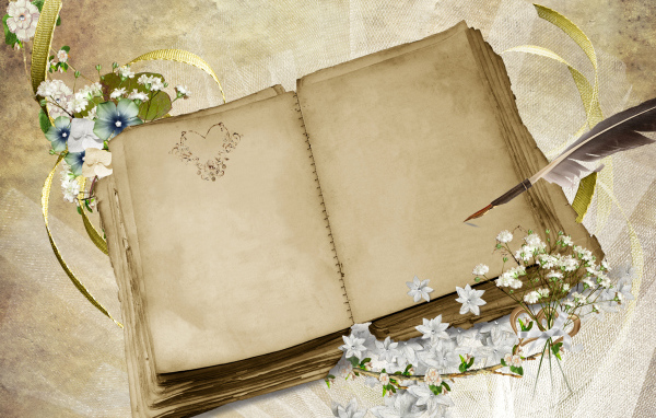 Старая книга с пером и цветами, шаблон для поздравительной открытки