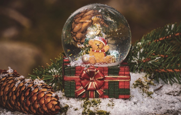 Снежный шар с медвежонком на столе с большой шишкой и еловой веткой 