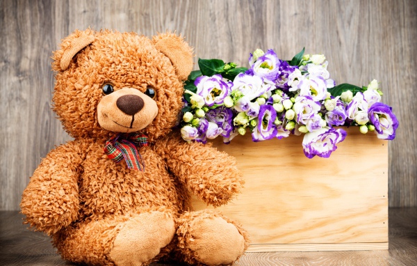 Плюшевый мишка с букетом цветов на деревянном фоне