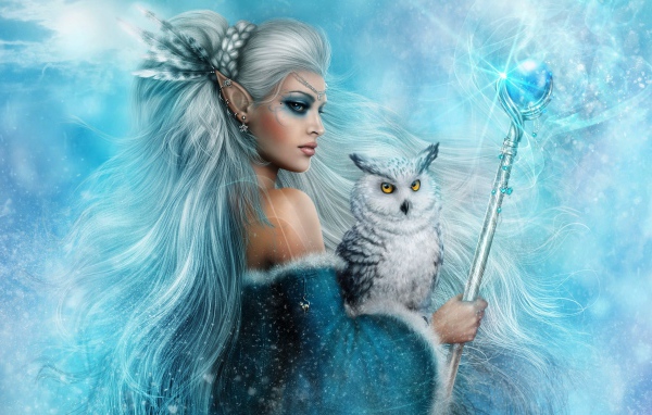 Женщина-эльф с белой совой и скипетром в руках, фэнтези