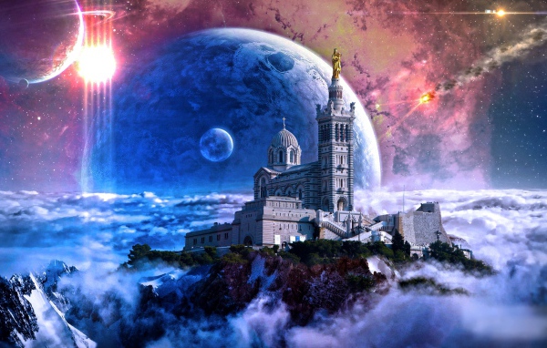 Замок на фоне космических планет, фэнтези