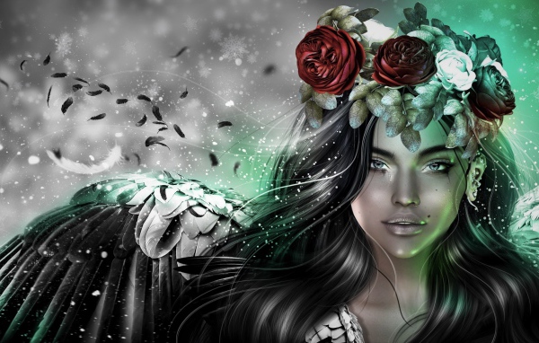 Девушка черный ангел с венком на голове, фэнтези 