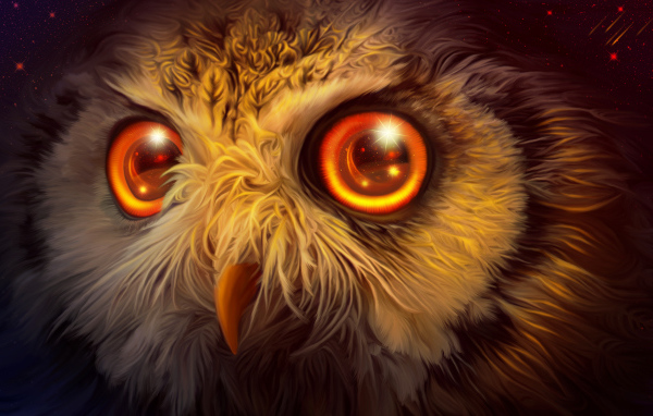 Мистическая сова с желтыми глазами  фэнтези