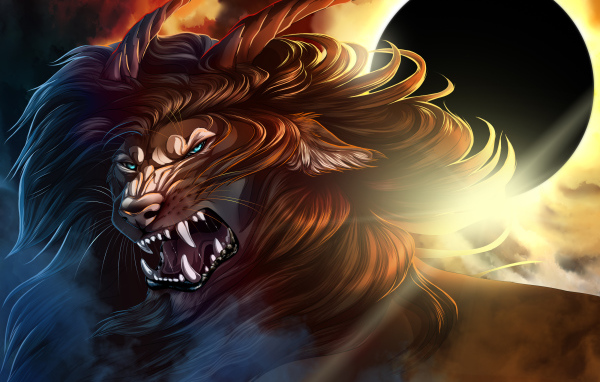 Грозный лев с рогами на фоне черной луны, фэнтези