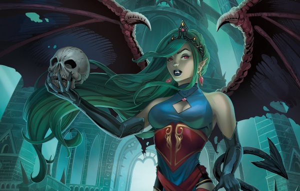 Девушка вампир с черепом в руке, фэнтези