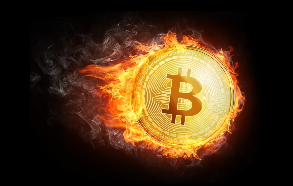 Bitcoin fire coin on a black background