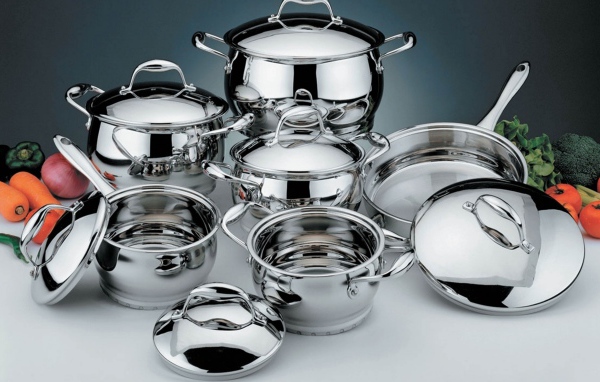 A set of beautiful new shiny dishes in the kitchen