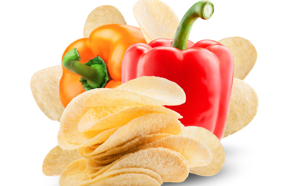 Chips with peppers on white background