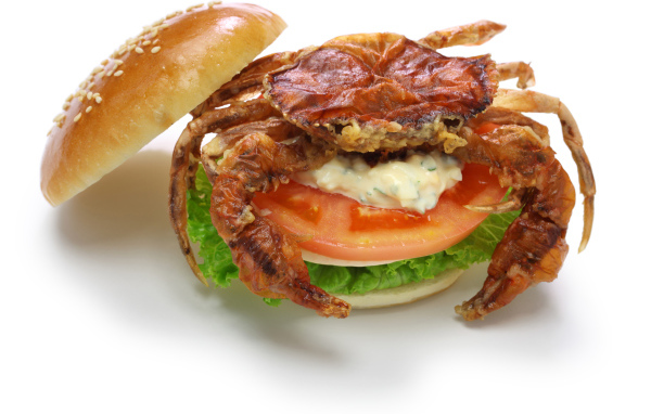 Гамбургер с овощами и крабом на белом фоне