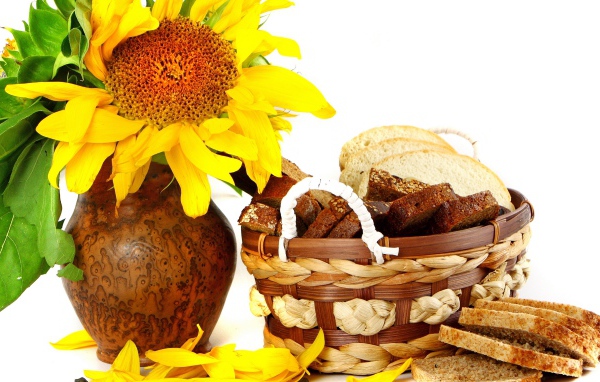 Цветок подсолнуха в кувшине на столе с корзиной с хлебом на белом фоне