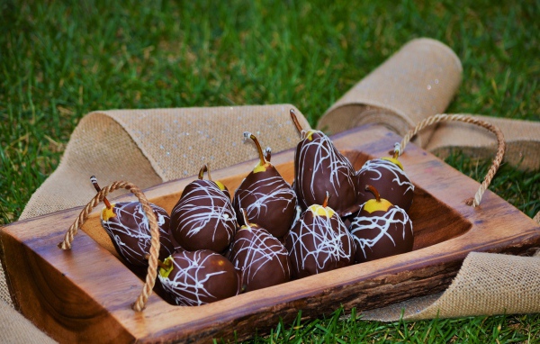 Груши в шоколадной глазури стоят на зеленой траве